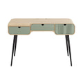 Technische titel in het Nederlands: **Moderne bureau met groene lades en slanke zwarte poten**