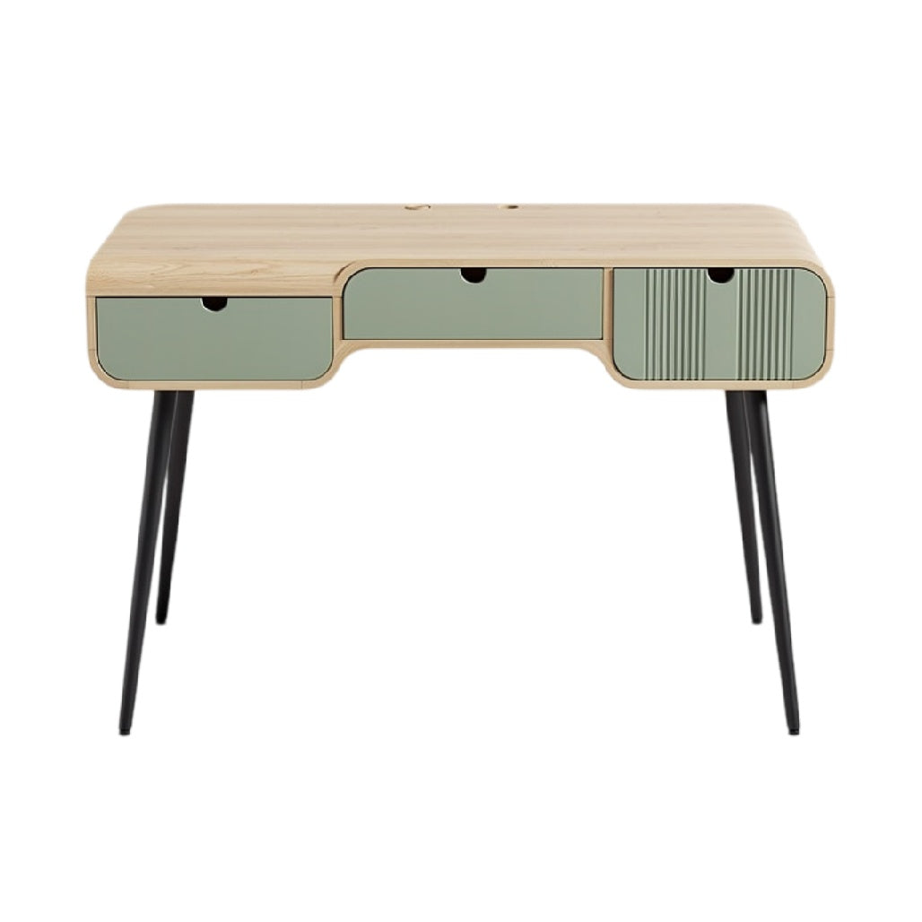 Technische titel in het Nederlands: **Moderne bureau met groene lades en slanke zwarte poten**