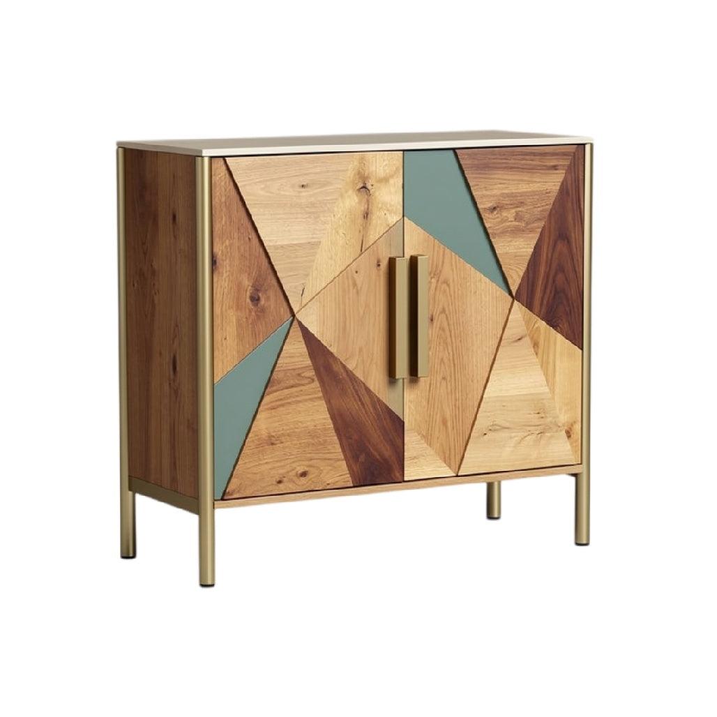 **Technische titel in het Nederlands: Moderne geometrische houten kast met metallic accenten**