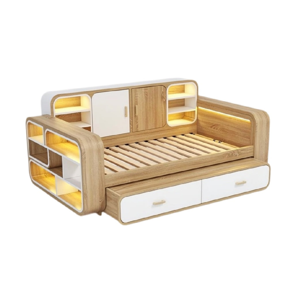 **Technische titel in het Nederlands: Moderne houten bankbed met opbergfunctie en LED-verlichting**