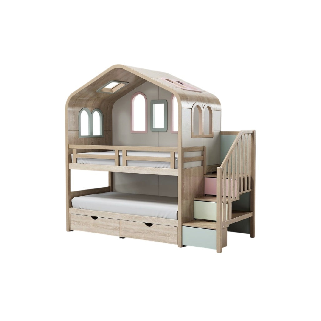 **Technische titel in het Nederlands: Kinderbed in de vorm van een huis met stapelbed en opbergruimte**